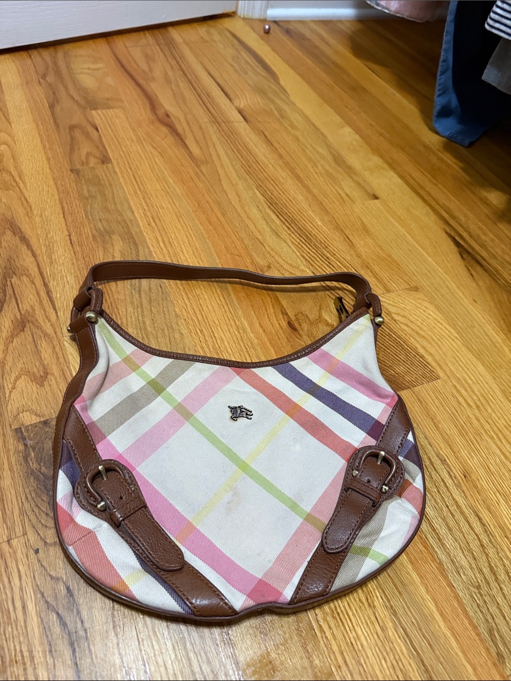 Plaid Multicolor Shoulder Bag with Brown Trim